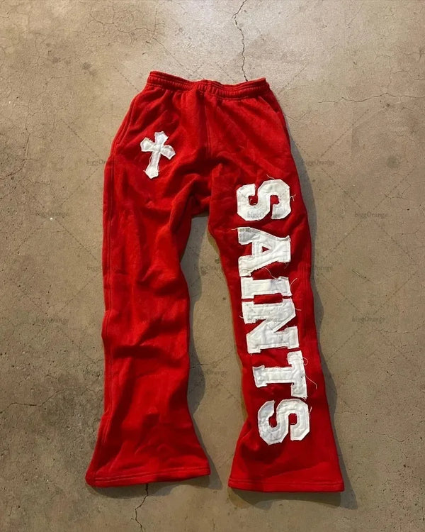 high street harajuku retro straight trousers letter embroidered knitted pants couple fashion casual oversized wide leg pants menswear bottoms