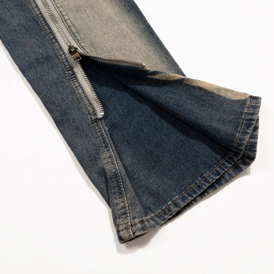 ro style men jeans double zipper blue flared denim pants luxury designer male streetwear hip hop blue baggy jeans trousers y2k vintage washed jeans