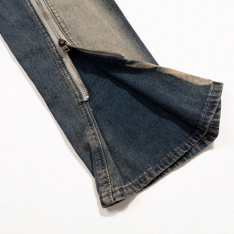 ro style men jeans double zipper blue flared denim pants luxury designer male streetwear hip hop blue baggy jeans trousers y2k vintage washed jeans