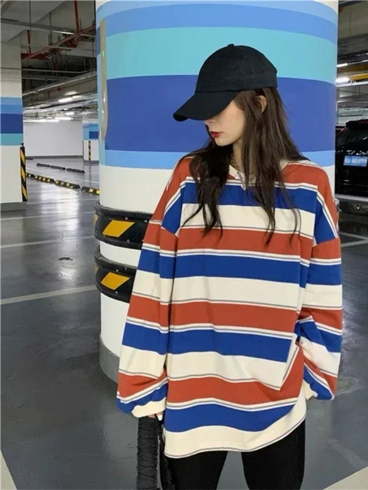 Harajuku Vintage print – Women T Shirts Striped Sweatshirt Thin Tops 2024 Spring Wome