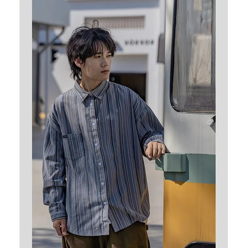 Spring and autumn new Japanese Harajuku style retro striped shirts for male and female