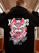 New Lion Dance Graphic Hoodies For Men Y2K Streetwear Fleece Hooded Sweatshirts