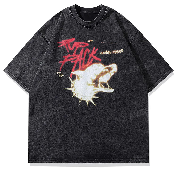 Anime Graphic tee – Mens Hip Hop T Shirts Washed Retro Animal Dog Print T Shirt
