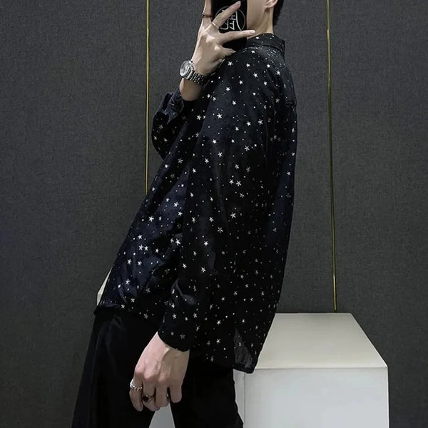 Mens Shirts Night Sky Print Shirts Summer Streetwear Light Breathable Campus Performance Long Sleeve Tops Men'S Clothing 2024