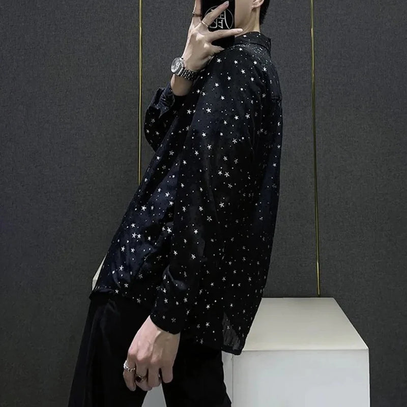 Mens Shirts Night Sky Print Shirts Summer Streetwear Light Breathable Campus Performance Long Sleeve Tops Men'S Clothing 2024