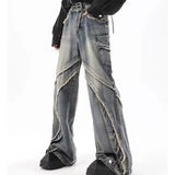 high street jeans mens spring autumn rough edge splicing design trendy denim pants multiple pockets punk cowboy flared trousers unique jeans style 413