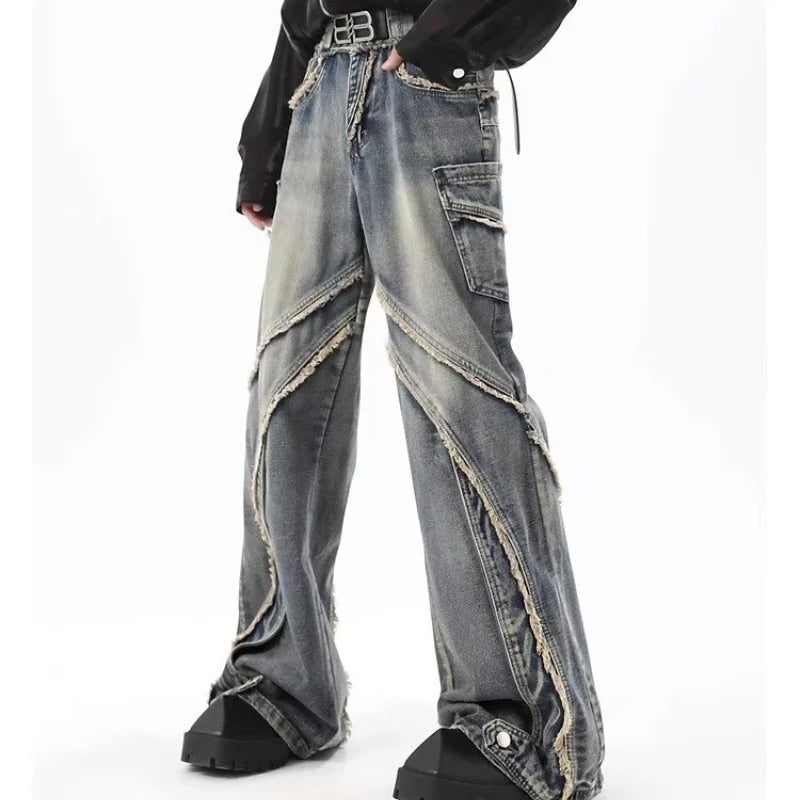 high street jeans mens spring autumn rough edge splicing design trendy denim pants multiple pockets punk cowboy flared trousers unique jeans style 413