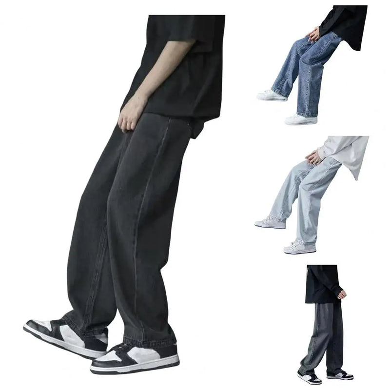 korean mens casual long jeans loose retro straight baggy pants denim wide leg pants light blue grey black retro washed jeans unique jeans style 1267