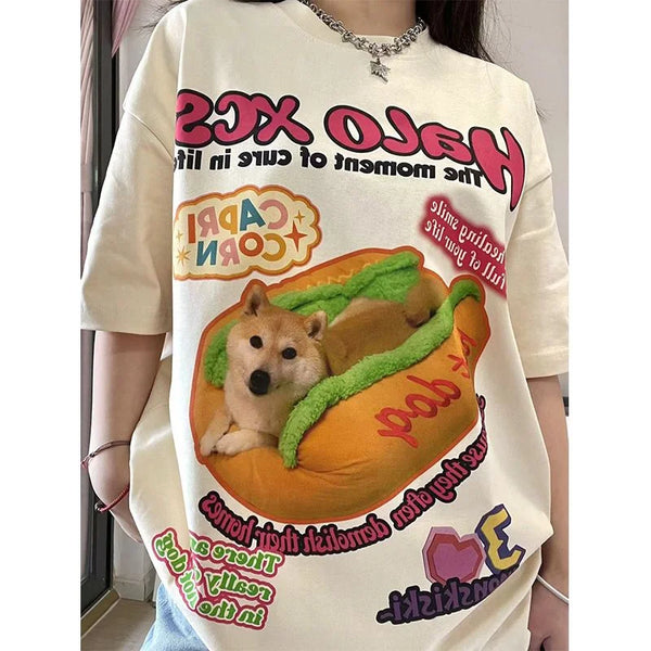 Y2K Graphic Tee – New Apricot American Vintage Creative Animal Hot Dog Cartoon – Modern Streetwear for Everyone
