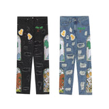 harajuku fashion embroidered patches straight denim pants hip hop washed torn jeans black blue patchwork y2k jeans baggy men unique jeans style 1543