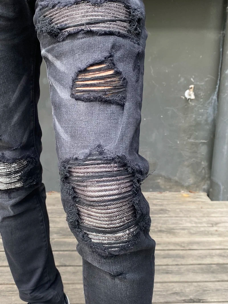 knee hole patckwork skinny denim jeans men slim biker trousers jeans fashion streetwear hip hop retro washed jean pants joggers unique joggers style 3362