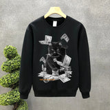 Cartoon Money Cat Graphic Printed Crewneck Sweatshirts Hombre Hip Hop