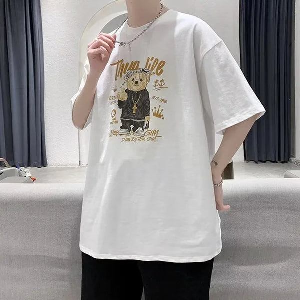 Harajuku Angelcore design – Funny Middle Finger Bear Graphic Short Sleeve Tee Shirts Men