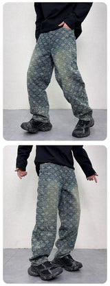 men jacquard loose casual hip hop vibe splice pocket denim baggy jeans pants man streetwear ripped jeans trousers boyfriend unique jeans style 3135