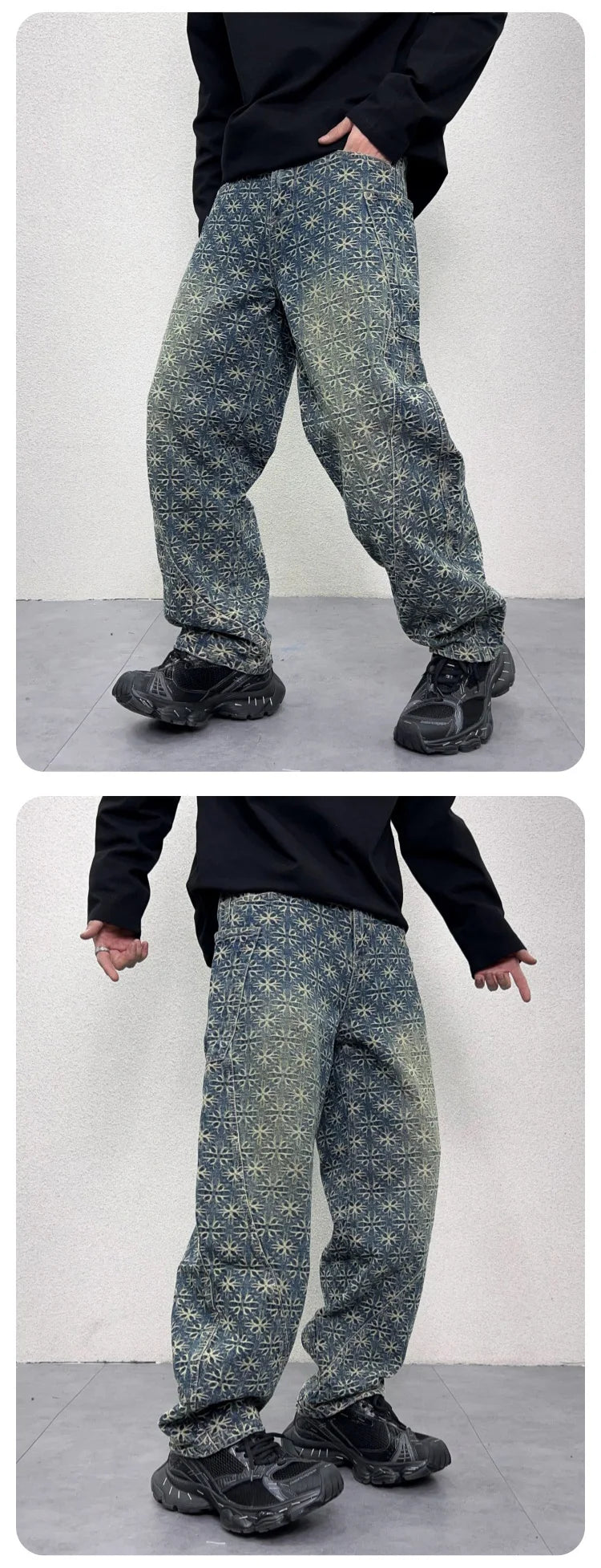 men jacquard loose casual hip hop vibe splice pocket denim baggy jeans pants man streetwear ripped jeans trousers boyfriend unique jeans style 3135