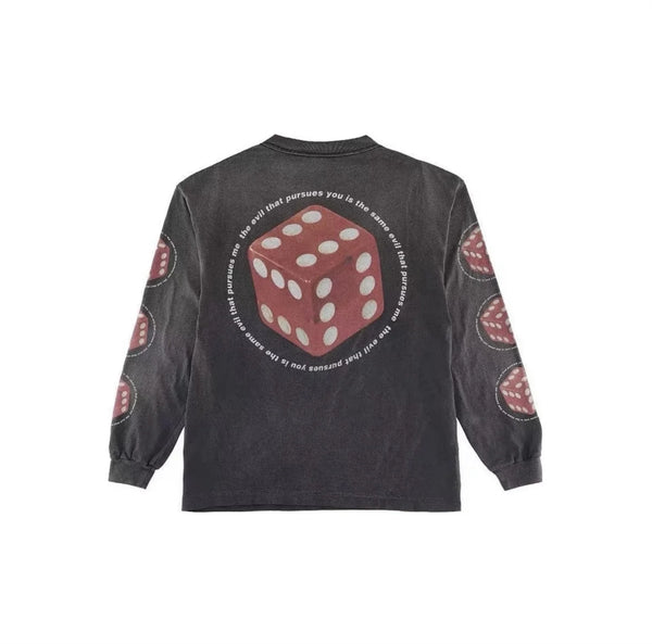 Retro Vintage High-Street Dice Print Distressed Worn Washed Cotton Oversized Long Sleeve T-Shirt Pullover Sweatshirt