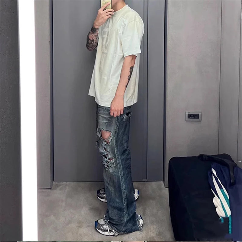mens fashion ripped jeans blue straight baggy jeans trousers luxury designer loose casual distressed denim pants male unique jeans style 1144