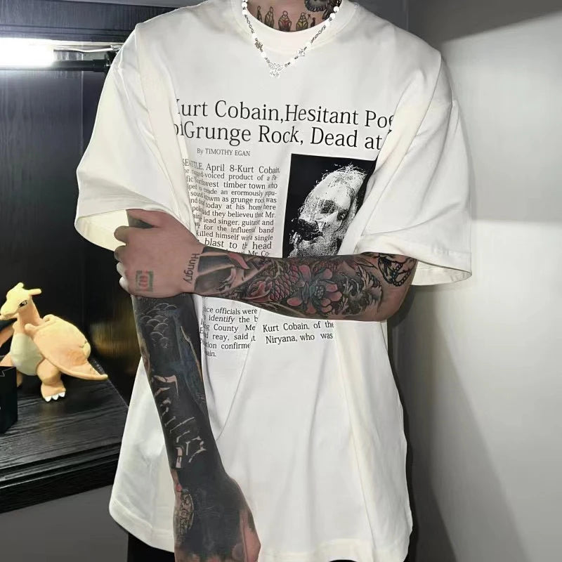 Skatercore Aesthetic print tee – Vintage Band Cobain Portrait Print Heavyweight Short Sleeve