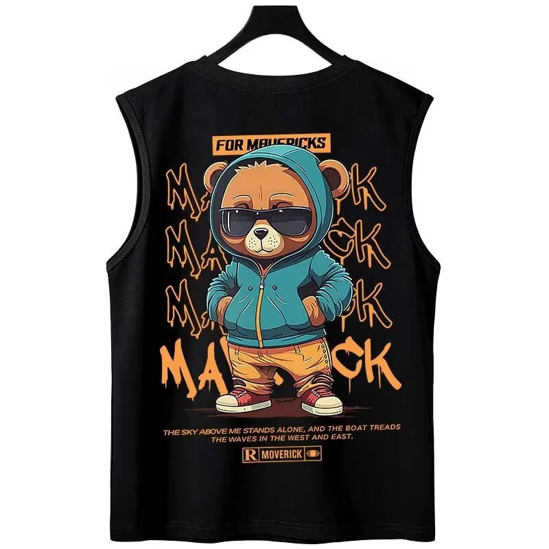 Anime Graphic tee – 2024 Hip Hop Bear Printed Tank Top Men Summer Retro Basketball