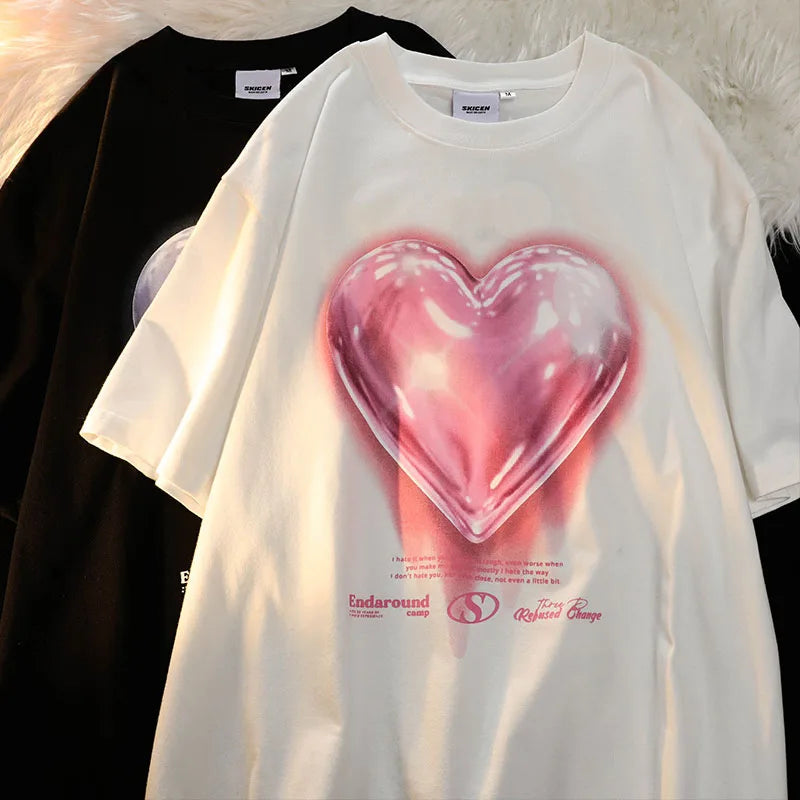 Women Tshirt Y2k Tops Tees 2022 Bright Heart Cotton Summer Short Sleeve Streetwear Casual Korean Grunge Loose Aesthetic Clothing