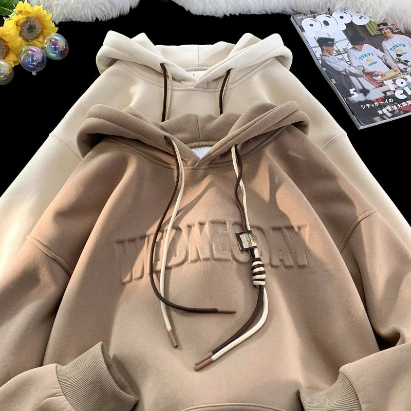 Embossed Letters Casual Hooded Sweatshirt Basic Colours Drawstring Cla