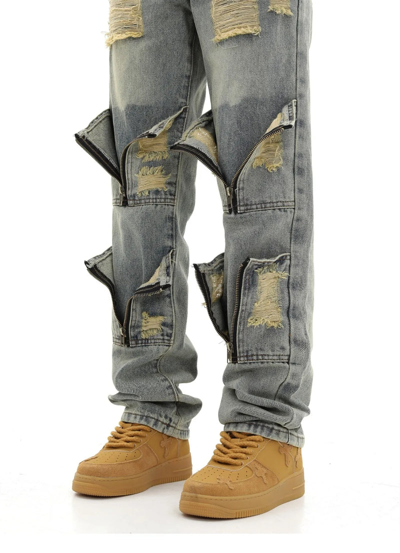 high street zipper open decoration biker jeans women ripped denim straight jean pant men motorcycle trouser unisex hip hop pants unique jeans style 3661