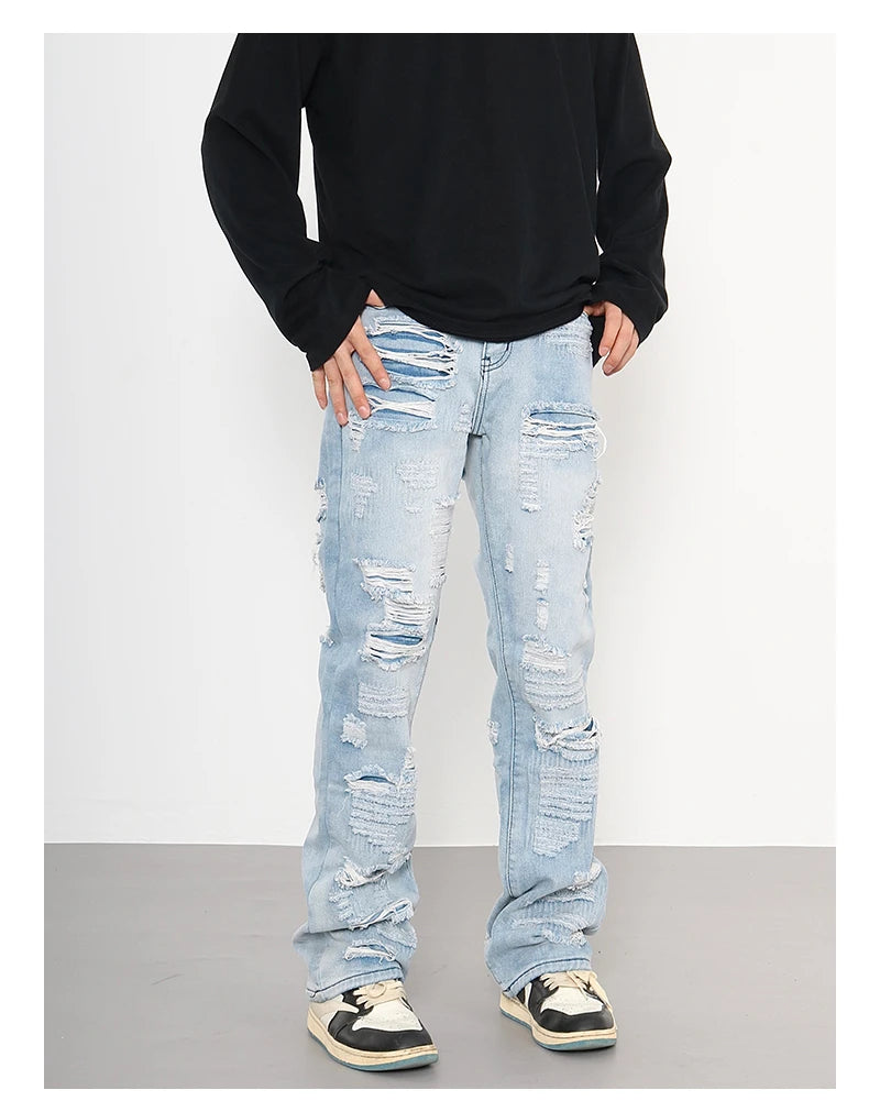 men distressed ripped destroied holes denim jean pants fashion zipper biker jeans streetwear flare pants joggers y2k men s jeans unique joggers style 3801