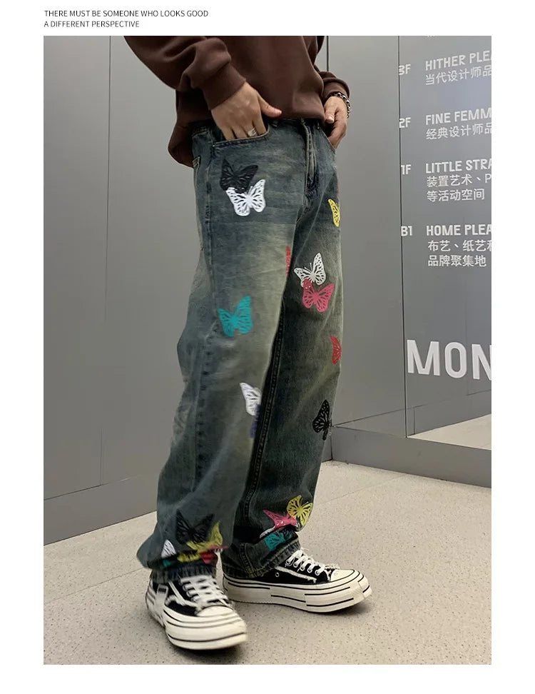 butterfly print jeans men streetwear fashion vibe loose casual hiphop straight washed denim pant jeans cityboy teen trousers unique jeans style 2681