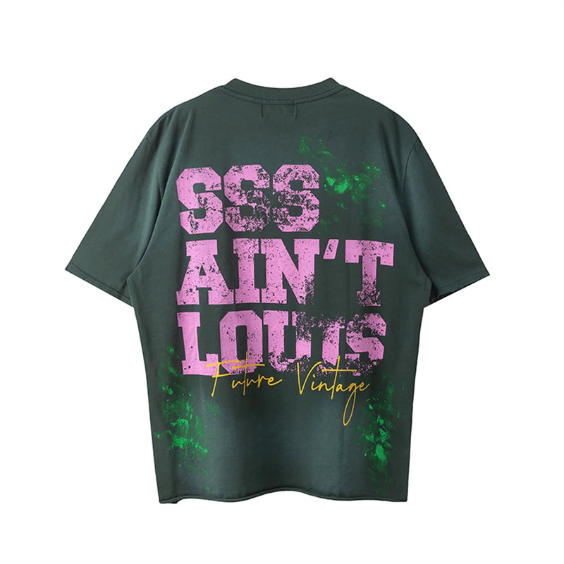 SSSAINT LOUIS Vintage Retro Distressed Logo Letter Print Round Neck Washed Worn High-Street Loose Tops T shirt Tee