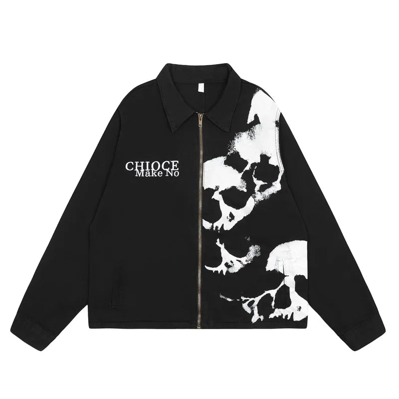skulls printed harajuku denim jacket and coat mens fashion hip hop full zipper outerwear casual loose streetwear jeans jacket - variant style b318ad for streetwear fashion