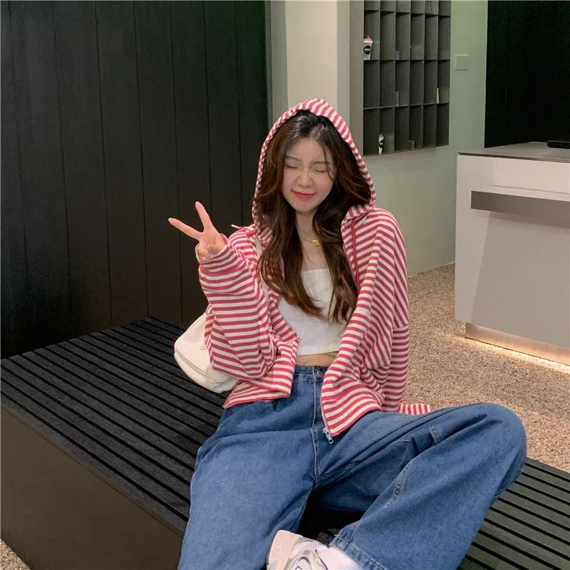 Autumn And Winter New Korean Style Ins Casual Sports Style Striped Hoo