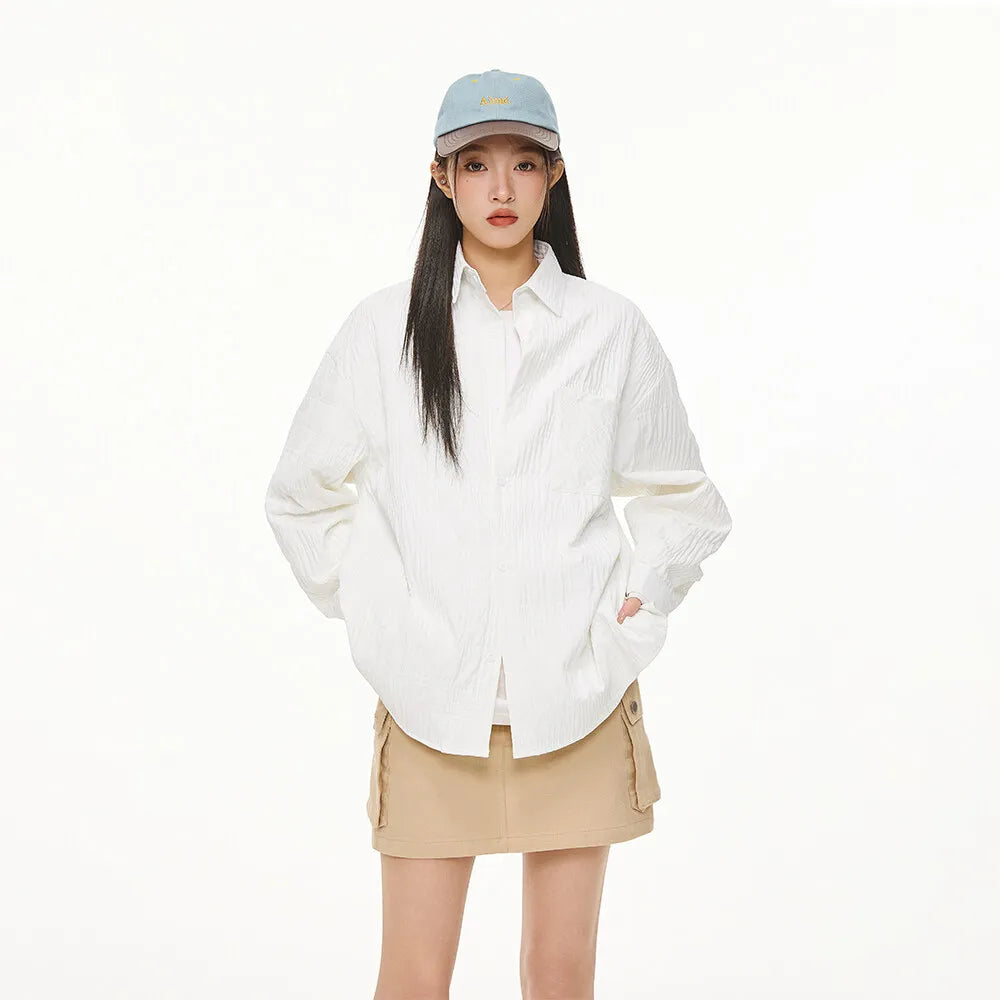 Wrinkled Fabric Casual Long Sleeve Shirt Men and Women Solid Color Streetwear Fashion Loose Black White Shirts Oversize Blouses