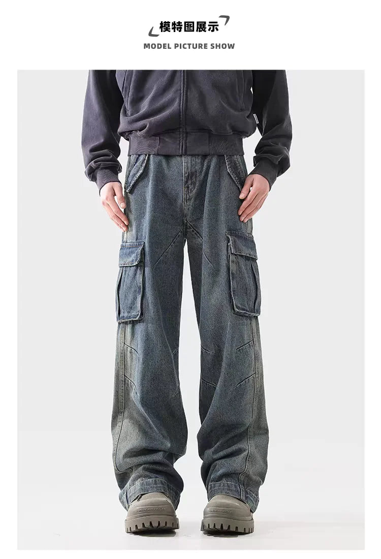 american spring and autumn street trendy personalized work clothes jeans for couples loose retro straight leg casual pants y2k unique jeans style 4986
