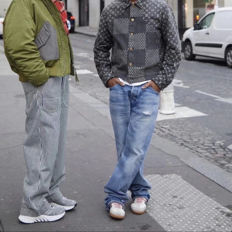 kanye west heavy industry high street jeans straight tube washed knives cut ground edges sagging jeans pants holes for men urban skinny jeans