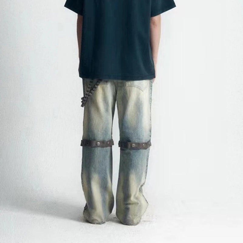 detachable leather chain washed baggy jeans for men and women straight streetwear casual denim trousers oversized cargo pants military streetwear pants