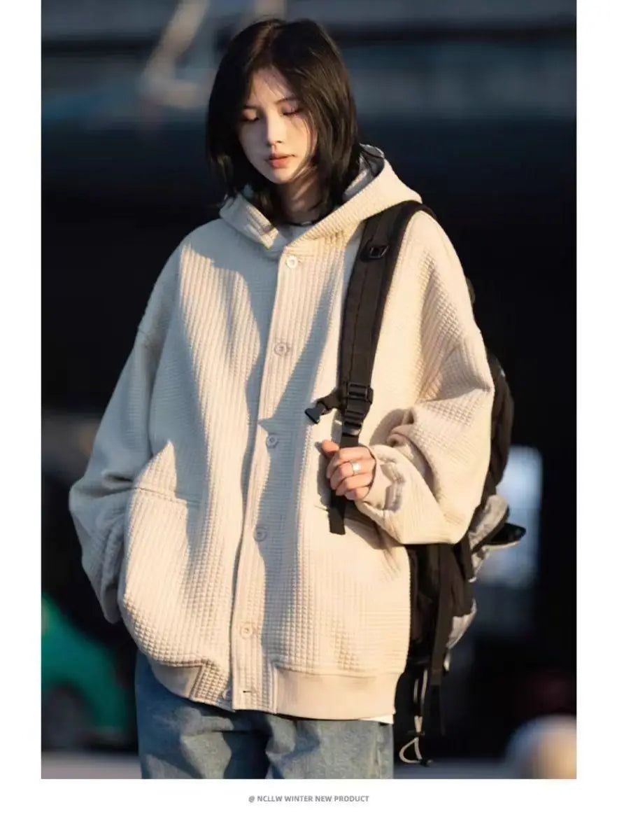 Korean Retro Y2K Waffle Hooded Jacket for Men and Women Ins Harajuku Style Casual Loose