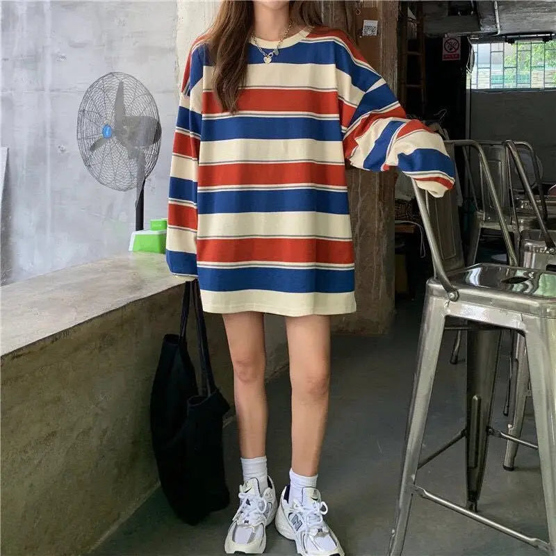 Harajuku Vintage print – Women T Shirts Striped Sweatshirt Thin Tops 2024 Spring Wome