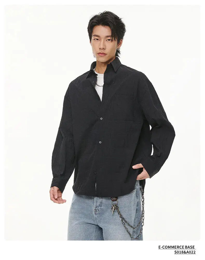 Wrinkled Fabric Casual Long Sleeve Shirt Men and Women Solid Color Streetwear Fashion Loose Black White Shirts Oversize Blouses