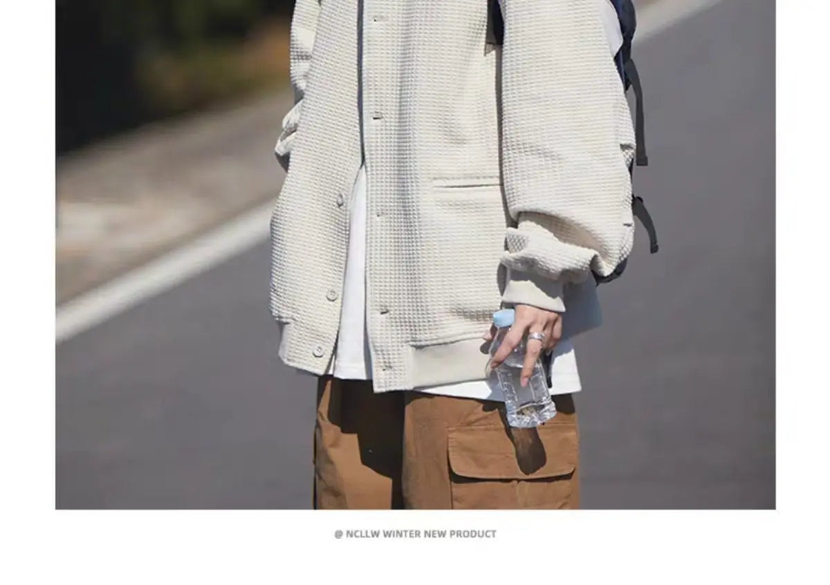 Korean Retro Y2K Waffle Hooded Jacket for Men and Women Ins Harajuku Style Casual Loose