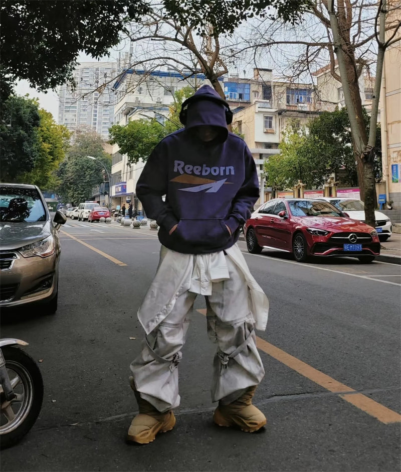 FP Brand Fashion New REEBORN Cracked Slogan Print High-Street Oversized Casual Cotton Hoodie Sweatshirt