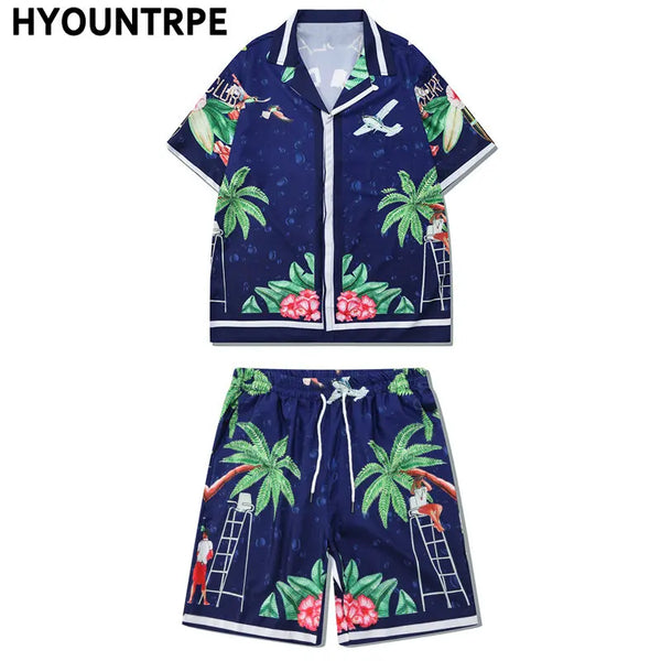 2 Pieces Sets Harajuku Printed Short Sleeves Shirts and Elastic Waist Shorts Joggers Summer Beach Streetwear Hip Hop Mens Sets