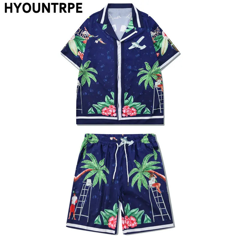 2 Pieces Sets Harajuku Printed Short Sleeves Shirts and Elastic Waist Shorts Joggers Summer Beach Streetwear Hip Hop Mens Sets