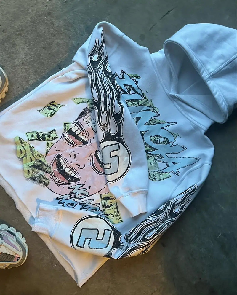 Anime Aesthetic Tee – Harajuku Money Face Print Hoodies Women Graphic Y2K Top Over – Streetwear Fashion for Men & Women