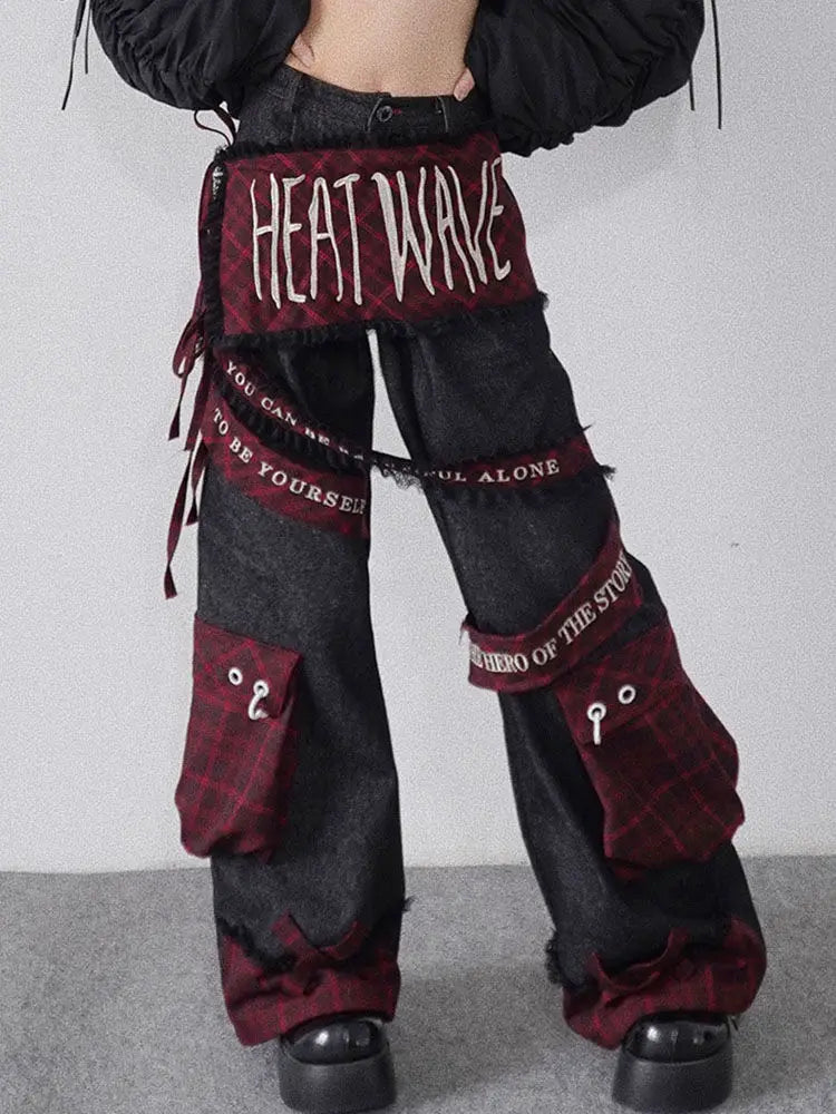 embroidered patchwork red checkered multi pocket jeans with high waist and slimming effect floor length pants baggy jeans women unique jeans style 2586