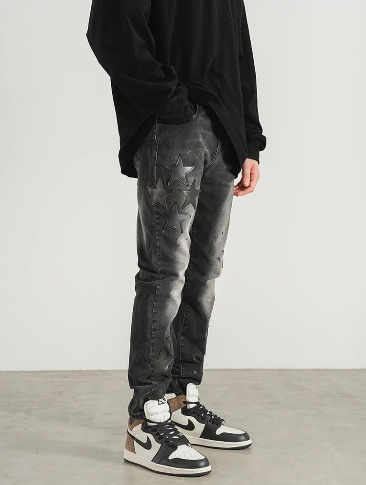 star appliques denim jeans skinny trousers slim fit men new casual biker jeans fashion streetwear hip hop trousers pants joggers unique joggers style 3560