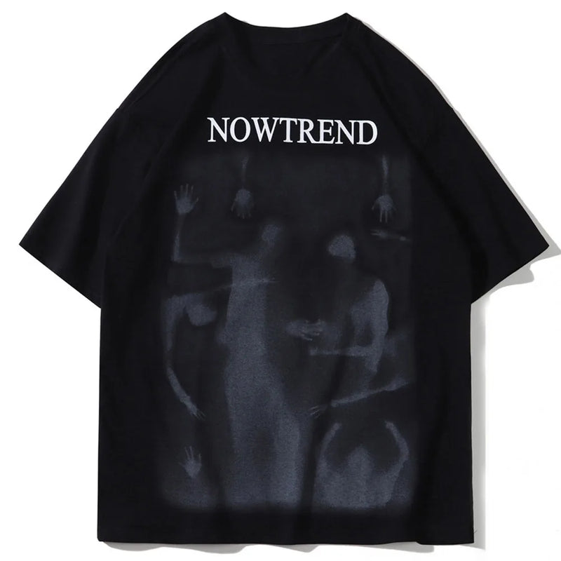 Glitchcore Fashion – Aolamegs Men Gothic Demon Ghost Print Oversized T Shirt Punk – Modern Streetwear for Everyone