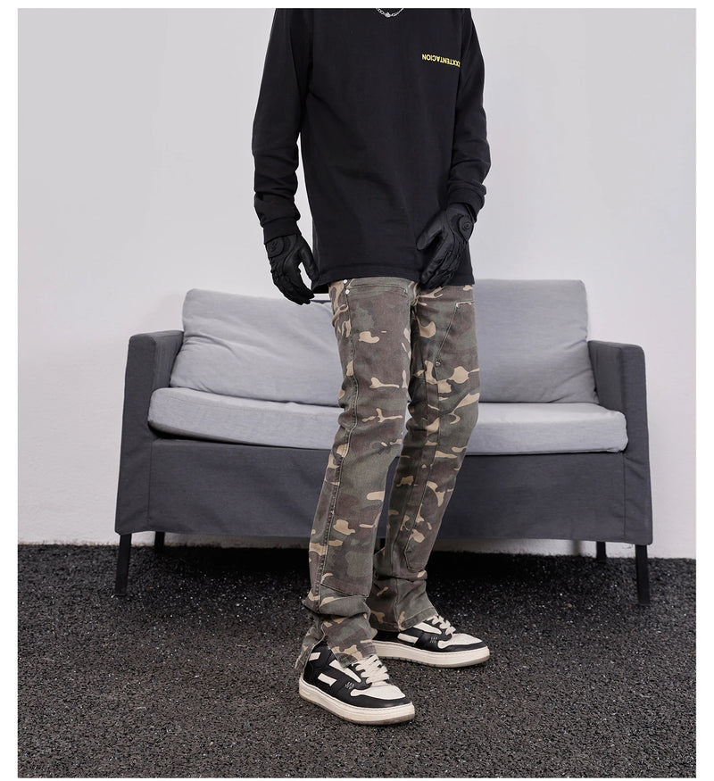 mens hip hop streetwear denim pants fashion camouflage pants 2023 harajuku cotton zipper joggers slim fit jeans trousers pants unique joggers style 2727