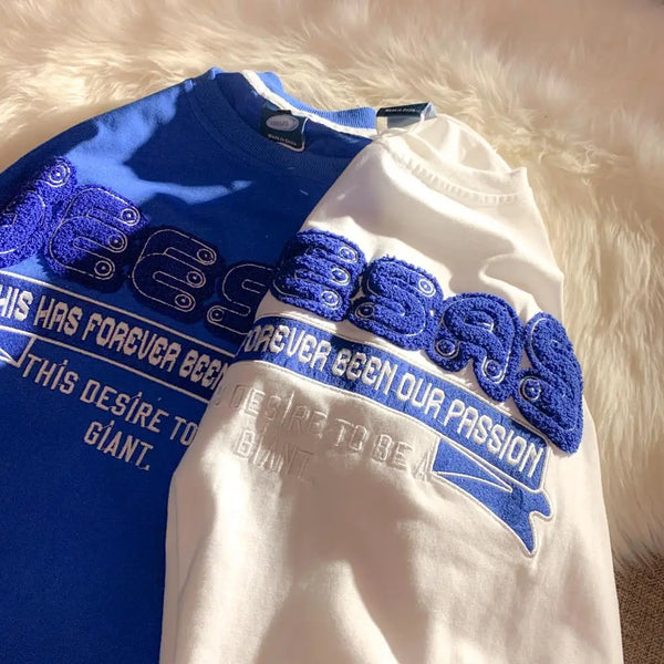 Harajuku Oversized Shirt – Retro Klein Blue Flocking Embroidery T Shirts Fashion Preppy – Modern Streetwear for Everyone