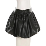 IAMHOTTY European and American Puff Flower Bud Leather Skirt Fashion Solid Color Versatile Leather Short Skirt  y2k skirt