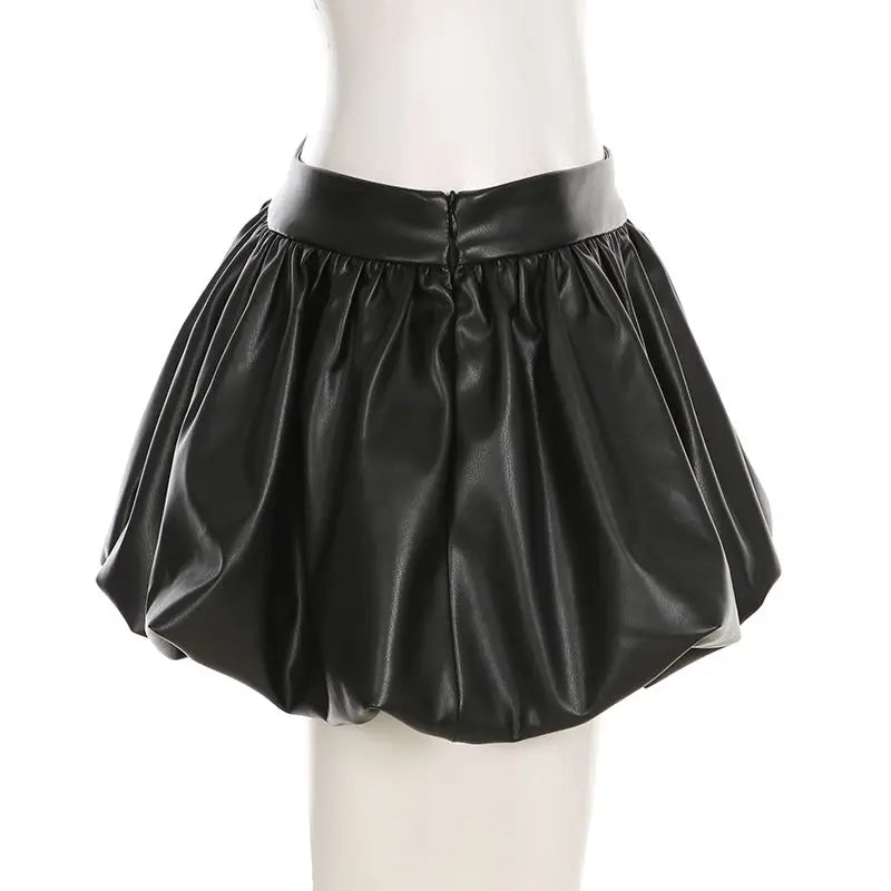 IAMHOTTY European and American Puff Flower Bud Leather Skirt Fashion Solid Color Versatile Leather Short Skirt  y2k skirt
